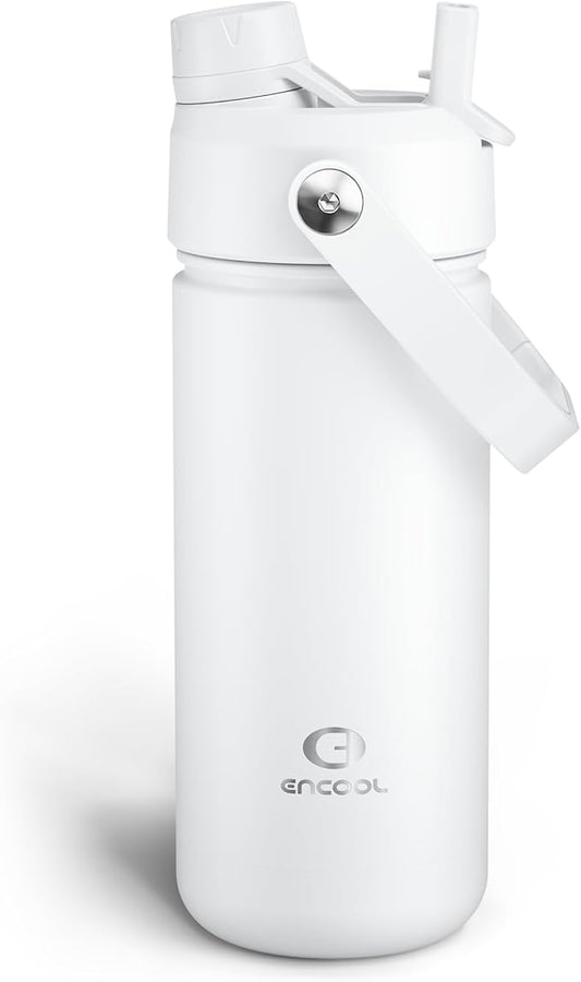 ENCOOL Insulated Water Bottle with Straw Stainless Steel Water Bottle, Leak-Proof, BPA-Free, Double Wall Vacuum Keeps Cold for 24 Hours for Sports, Travel, School (18 oz, Polar White)