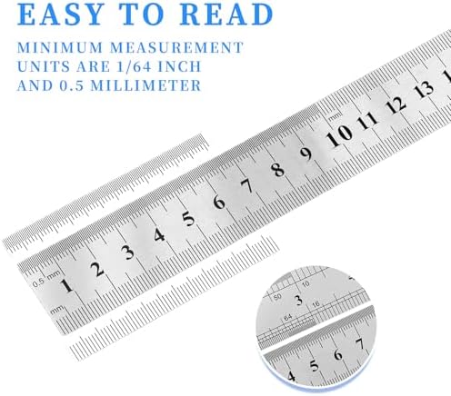 Metal Ruler, 3 Pack, 6, 8, 12 Inch (15, 20, 30 CM) | Metric Ruler
