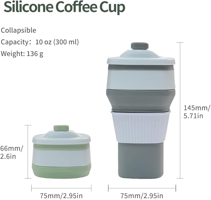 Collapsible Travel Coffee Cups Set of 2 - Silicone Foldable Mugs with Leakproof Lids, BPA Free, Microwave and Dishwasher Safe - 10oz (300ml) for Travel, Office, Camping