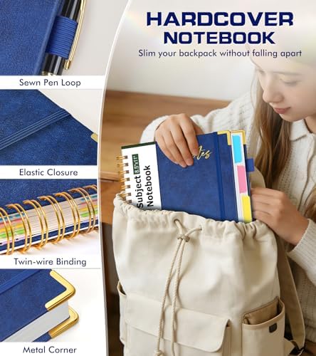 Hardcover Spiral Notebook Journal 8.5" x 11" Leather 5 Subject Notebook with Removable Dividers Tabs, 300 Pages Organizer Notebooks for Work School, College Ruled, Large Lined Journal for Women,Navy
