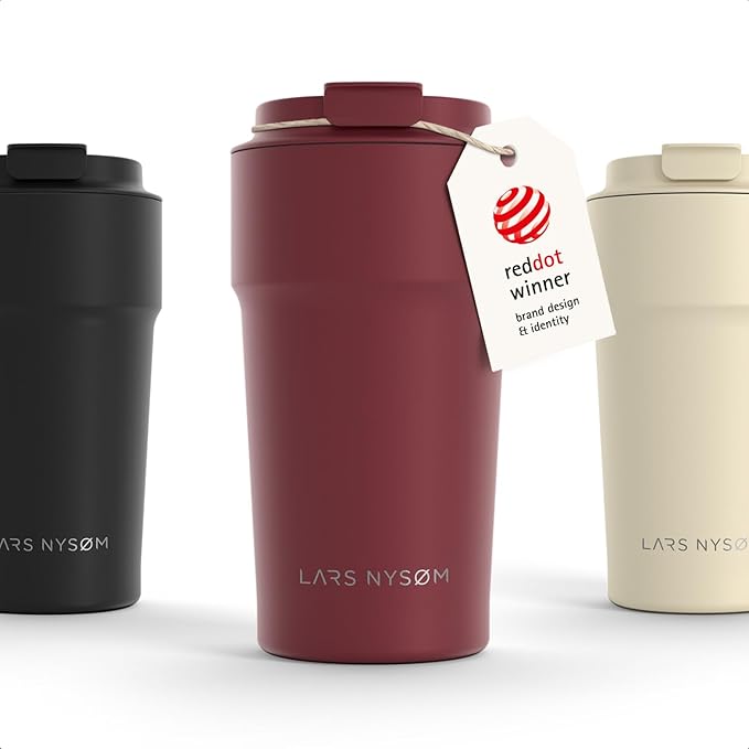 LARS NYSØM Thermo Coffee Mug to go 17oz | Travel Mug 0.5 Liter with Insulation | Silicone grip base | Leak Proof Stainless Steel Tumbler for Coffee and Tea on the Go (Powder Berry Red, 17oz)