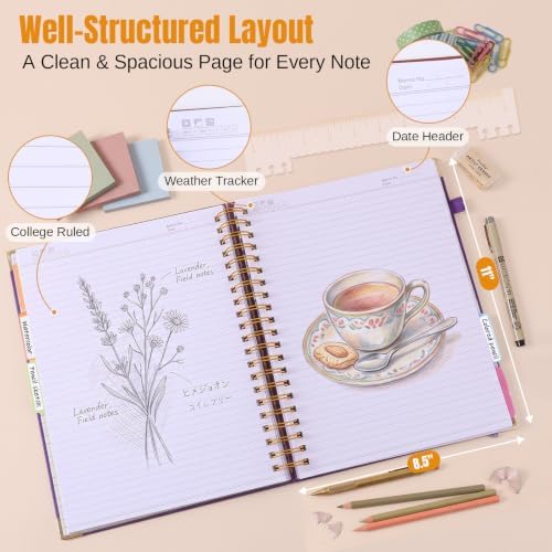 5 Subject Notebook College Ruled, Big Hardcover Spiral Notebook 8.5" x 11"