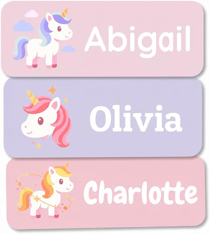 Bunny Badges Personalized Name Labels for Kids (60, 120, or 240 Count) Custom Daycare Labels & Name Stickers for Clothing Tags, Water Bottles, Lunch Boxes and School Supplies (Unicorns)
