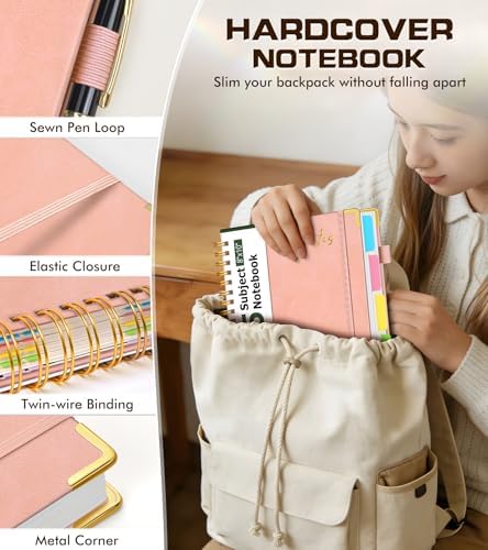 Hardcover Spiral Notebook Journal with Removable Dividers Tabs, 300 Pages Organizer Notebooks for Work School, Leather 5 Subject Notebook College Ruled, 8"x10" Large Lined Journal for Women，Pink