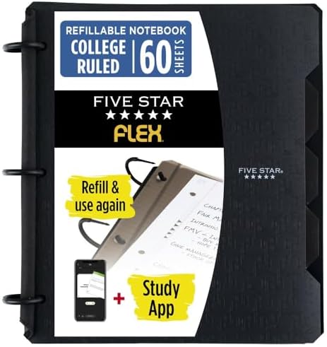 Five Star Flex Refillable Notebook + Study App, College Ruled Paper and 1 Inch TechLock Ring Binder with Pockets, Tabs and Dividers, 200 Sheet Capacity, Black (29328AA2)