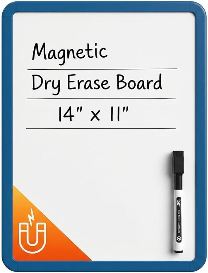 Mr. Pen- Dry Erase Board, 14” x 11” with a Black Dry Erase Marker, Dark Blue Frame, Small Mini White Board for Students, Fridge, Wall, Locker, Includes Double Sided Tapes