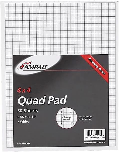 Ampad 8 1/2 x 11 Inches White Quad Pad, 4 Square Inch, 50 Sheets, 1 Each (22-030C)