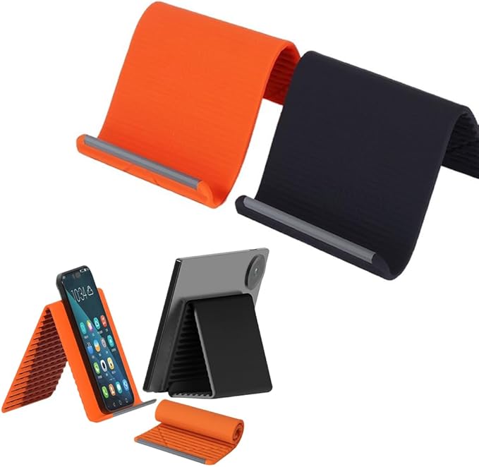 Silicone Phone Stand with Aluminum, Flexible Foldable Phone Holder, Bendable Adjustable Anti-Slip Desktop Stand for Phone Tablet Laptop, Portable Rollable Multi-Angle Stand for Home (Black+Orange)