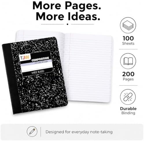 Composition Notebook, Wide Ruled, 100 Sheets, 9.75" x 7.5", Black Marble, Writing Journal for Students, Durable Cover, K-12 & College School Supplies, Black Theme (Pack of 1)