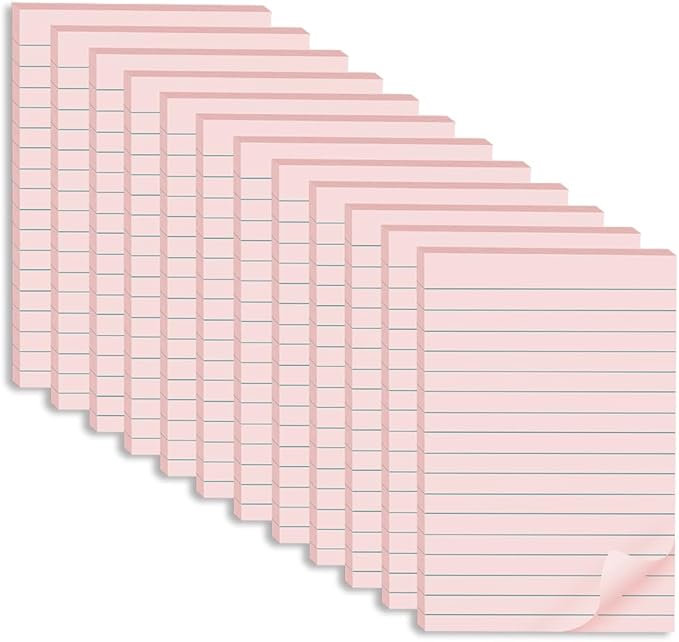(12 Pack) Lined Sticky Notes 4x6 in,Light Pink Large Notepads with Lines,Ruled Stickies Super Sticking Power,Office School Memo Note Pads,Post on Windows Doors,Recyclable,Easy to Write on