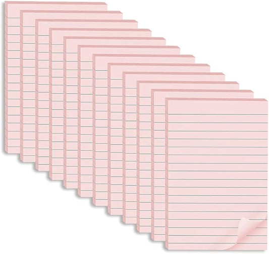 (12 Pack) Lined Sticky Notes 4x6 in,Light Pink Large Notepads with Lines,Ruled Stickies Super Sticking Power,Office School Memo Note Pads,Post on Windows Doors,Recyclable,Easy to Write on