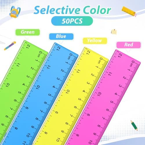 Eboot 50 Pack 12 in Clear Plastic Rulers Bulk for Classroom, School, Colorful