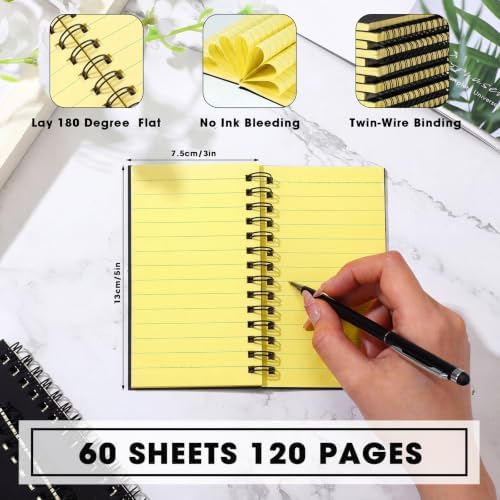 Jutom 2 Pcs Small Spiral Notebook Memo Pad 3x5, Black Cover Yellow Page