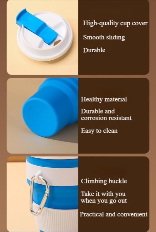 Foldable silicone coffee cup, 16 oz portable eco-friendly water cup with double lids, storage with hanging ring to save space, suitable for outdoor hiking, camping, cycling, car use (Blue 420ML)