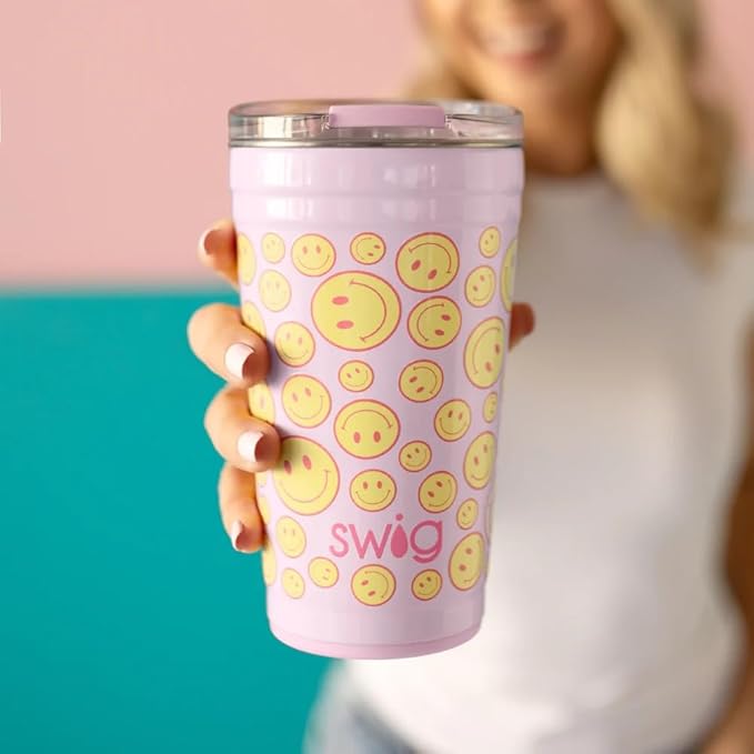 Swig Life 24oz Party Cup, Stackable Insulated Travel Coffee Tumbler with EZ Slider Lid, Cup Holder Friendly, Stainless Steel 24 oz Tumbler, Reusable Coffee Mug (Oh Happy Day)