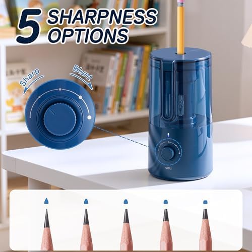Deli Electric Pencil Sharpener, Fully Automatic Pencil Sharpener for 6.9-8mm No.2 & Colored Pencils, Auto in & Out, Rechargeable Hands-Free Sharpener for Classroom, Home, Office, Blue