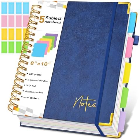5 Subject Graph Paper Notebook with Removable Dividers Tabs, 300 Pages Hardcover Leather Grid Spiral Journal, 8"x10" B5 Large Graphing Notebooks for Women Men Work School College Engineering, Navy