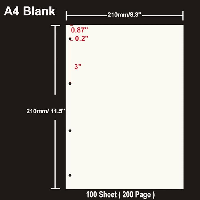 A4 Refill Paper 4 Hole Punched Filler Paper Refills for A4 Loose Leaf Notebook Travel Journal Personal Diary Planner Binder Scrapbook, 80 Sheet, 160 Page, Blank Paper, 8.3 Inches x 11.5 Inches