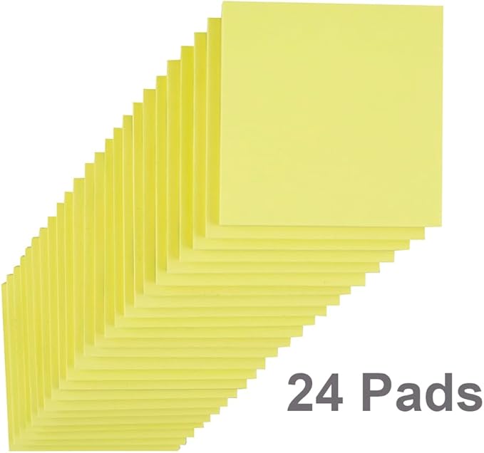 (24 Pads) Sticky Notes 3x3 in Yellow, Strong Adhesive, Clean Removal, Recyclable, Self-Stick Pads, Easy to Post for Home, Office, Notebook