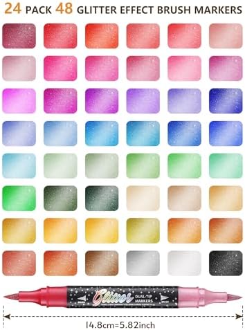 48 Colors 24 Pack Glitter Markers Pens Sparkle Markers Dual Brush Tip