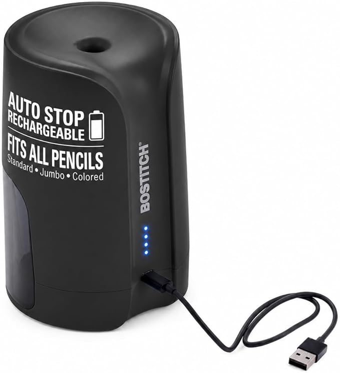 Bostitch Portable Rechargeable Battery Vertical Pencil Sharpener Helical Blade for No.2/Colored Pencils, Black
