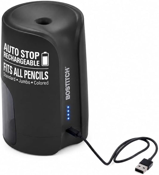 Bostitch Portable Rechargeable Battery Vertical Pencil Sharpener Helical Blade for No.2/Colored Pencils, Black