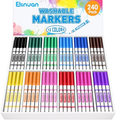 Ellinjan 240 Count Washable Markers Bulk, 12 Assorted Colors, Fine Line Colored Marker with Conical Tip, Washable Markers for Kids, Bulk Marker for Classroom, School Art Supplies for Students Teachers