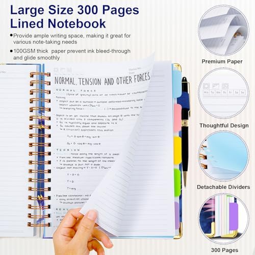 Spiral Journal Notebooks for Work, 300 Pages 5 Subject Notebook College Ruled with Dividers & Tabs, A4 Notebook Journal for Women Students Note-Taking and Organizer (Tropical Monstera)