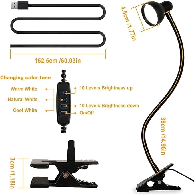 Clip on Light Reading Light for Bed 3 Color Modes 10 Dimmable Brightness Eye Care Clamp Desk Lamp 360° Flexible Desk Book Light for Reading Bed Headboard Computer Black
