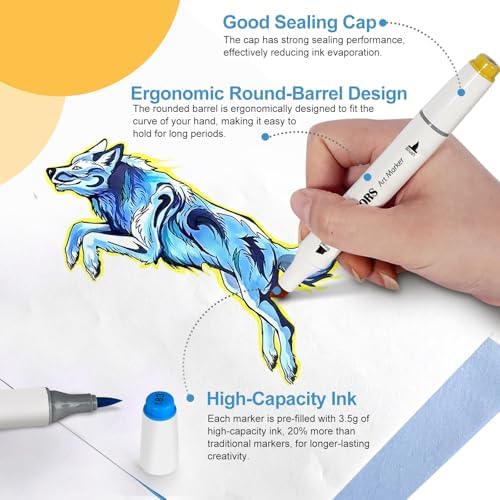 Alcohol Markers Brush Tip, 48 Colors Dual-Tip Artist Markers, Brush & Chisel, 3.5g Large-Capacity Ink, with Kickstand Case, For Adult Coloring, Sketching, Design, Comics and Gifts