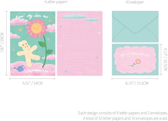 Monolike Unmatched Friends Lovely Day Letter Paper and Envelopes Set - 8Type, 32 Letter Paper + 16 Envelopes
