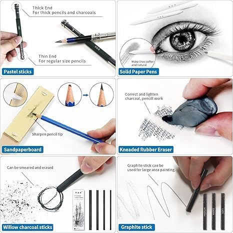 H & B 50 PCS Pro Drawing Set Sketching Kit, Art Kit with Drawing Pencils for Sketching, Graphite and Charcoal Pencils & Sketch Book Set, Art Supplies for Adults and Artists