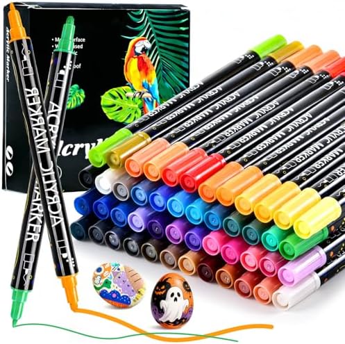48 Colors Dual Tip Acrylic Paint Markers, Coloring Paint Pens Set, Fine Tip and Dot Tip Acrylic Paint Markers for Rock, Stone, Glass, Fabric, Canvas, Gifts for Teens, Art Painting Supplies Kit