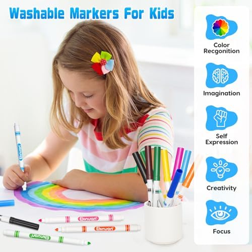 Ellinjan 256 Count Washable Markers Bulk, 16 Assorted Colors, Colored Thin Marker with Conical Tip, Washable Markers for Kids, Bulk Marker for Classroom, School Art Supplies for Students Teachers