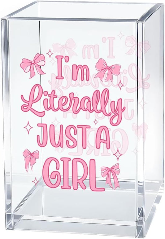 I'm Literally Just A Girl Acrylic Cosmetic Organizer Pen Holder, Funny Acrylic Desk Holder Cup for Pen Pencil, Cute Office Gifts for Women Coworker, Pink Birthday Gifts for Bow Lover Daughter