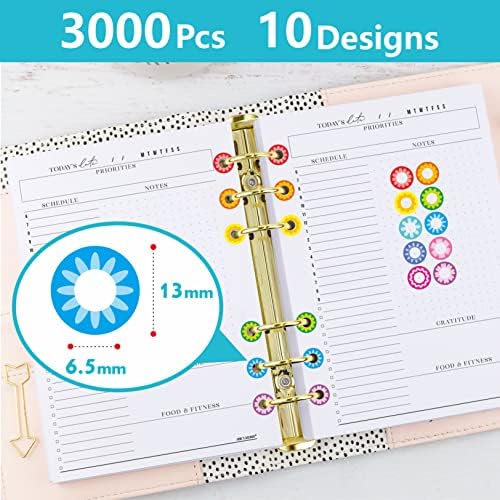 3000 Pieces Hole Reinforcement Stickers, 10 Fresh Flower Designs Paper Hole Protectors Self-Adhesive Hole Punch Reinforcement Circle Labels for Loose-Leaf Paper Sheets (Outer 0.5”, Inner 0.25”)