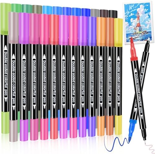Dual Markers Brush Pens, Art Brush Coloring Markers for Adult Coloring Books, 24Colors Pens for Teens, Double Tip Colored Pen for Journaling Note taking Planner Lettering Calligraphy Drawing