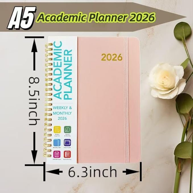 Academic Planner 2026 - Hardcover Weekly & Monthly Calendar Agenda, Daily Planner for Students & Teachers, 8.5" x 6.3" Portable Size，Daily Agenda Book with Tabs, College Organizer Notebook (pink)