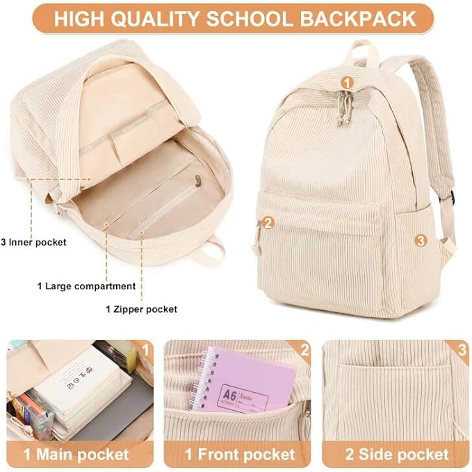 BTOOP School Backpack for Teens Large Corduroy Bookbag Lightweight 15.6 inch Laptop Bag for Girls Women Casual High School College