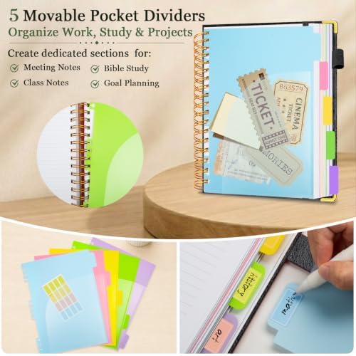 Hardcover Spiral Notebook 8.5''x 11'' College Ruled Notebook with Magnetic Closure, 300 Pages 5 Subject Notebooks with Pocket Dividers for Work School, A4 Leather Journal for Women, Men (Black)