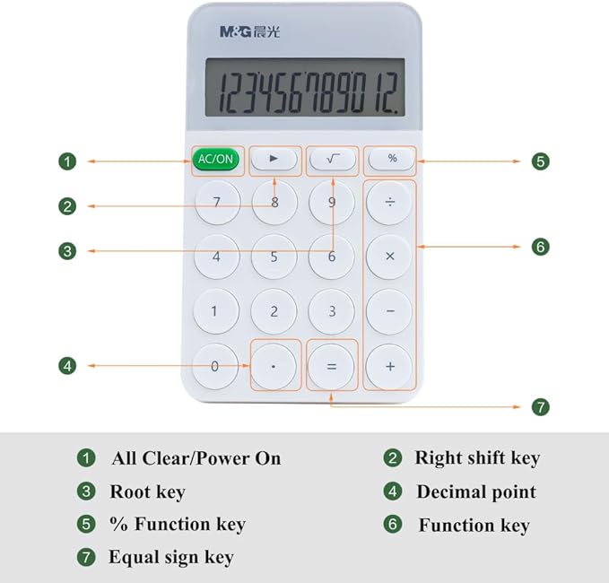 M&G Desk Calculator 12 Digit With Large LCD Display and Buttons, Automatic Sleep, Portable Cute for School Home Business Office, Battery Included (White)
