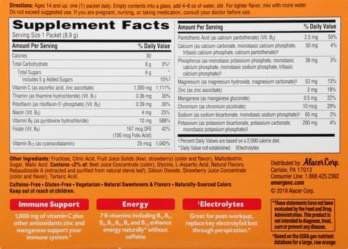 Emergen-C 1000mg Vitamin C Immune Support Powder Strawberry Kiwi 30CT Includes Zinc, Manganese, 7 B Vitamins and Electrolytes for Back to School Essentials (Pack of 12)