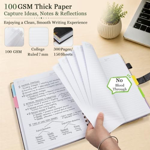 Hardcover Spiral Notebook 8.5''x 11'' College Ruled Notebook with Magnetic Closure, 300 Pages 5 Subject Notebooks with Pocket Dividers for Work School, A4 Leather Journal for Women, Men (Black)