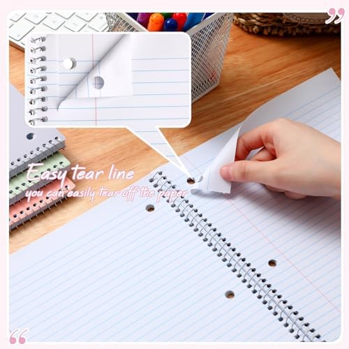 Teling 12 Pcs 1 Subject Spiral Notebook for Work College Ruled 8 x 10 1/2 Inch Spiral Journal Notebook 3 Hole Punched Paper Tear Line 70 Sheets Office School Study Supplies (Fresh Color)