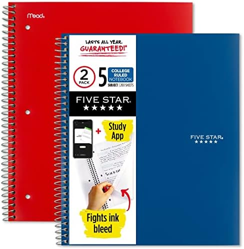 Five Star Spiral Notebook + Study App, 2 Pack, 5 Subject, College Ruled Paper, Fights Ink Bleed, Water Resistant Cover, 8-1/2" x 11", 200 Sheets, Pacific Blue & Fire Red (38459)