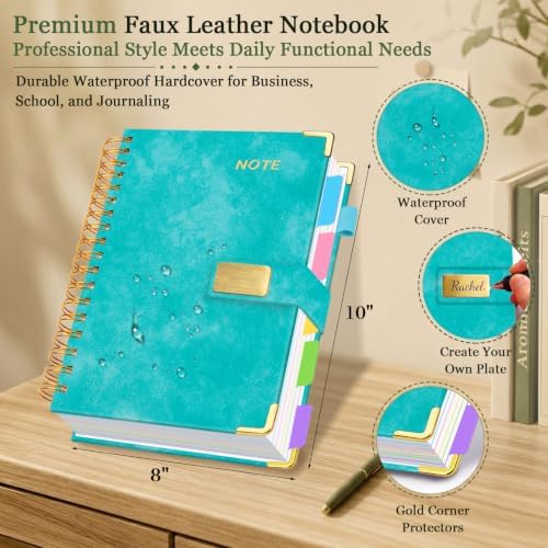 Hardcover Spiral Notebook 8''x 10'' College Ruled Notebook with Magnetic Closure, 300 Pages 5 Subject Notebooks with Pocket Dividers for Work School, B5 Leather Journal for Women, Men (Cyan)