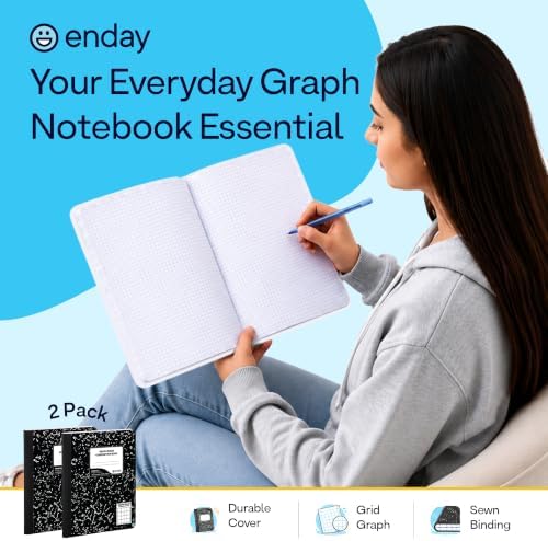 Enday Quad Ruled Composition Notebook (2 Pack) Quad Ruled Black Marble Composition Notebook 200 Pages (100 Sheets), 4x4 Grid Graph Paper.