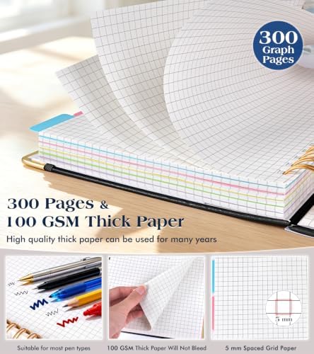 5 Subject Graph Paper Notebook with Removable Dividers Tabs, 300 Pages Hardcover Leather Grid Spiral Journal, 8"x10" B5 Large Graphing Notebooks for Women Men Work School College Engineering, Black