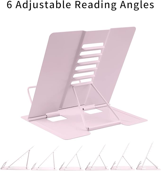 MSDADA 2PC Different Design Desk Book Stand Metal Reading Rest Book Holder Adjustable Cookbook Documents Holder Portable Sturdy Bookstand for Recipes Textbooks Tablet Music Books(Macaron Pink+Purple)