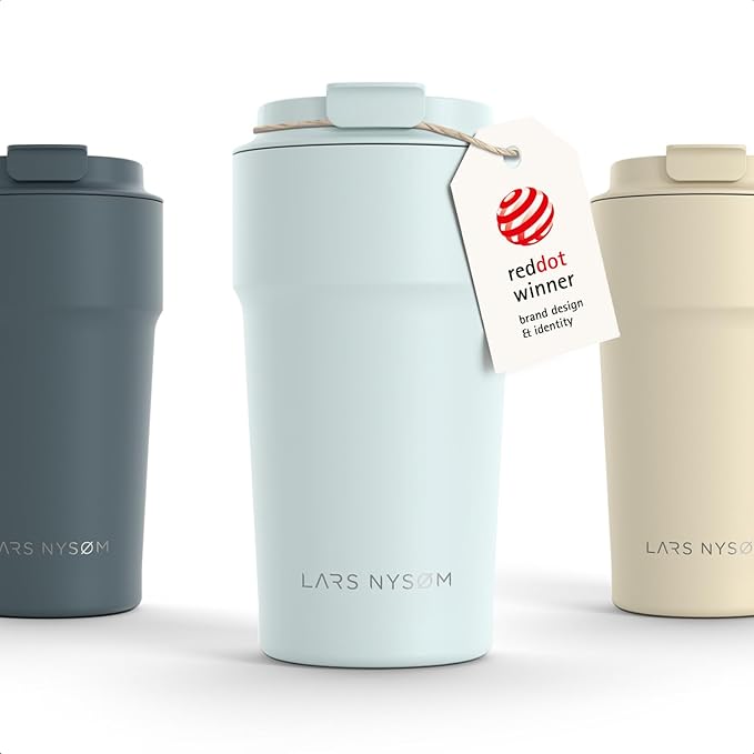 LARS NYSØM Thermo Coffee Mug to go 17oz | Travel Mug 0.5 Liter with Insulation | Silicone grip base | Leak Proof Stainless Steel Tumbler for Coffee and Tea on the Go (Powder Misty Blue, 17oz)